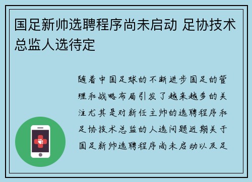国足新帅选聘程序尚未启动 足协技术总监人选待定