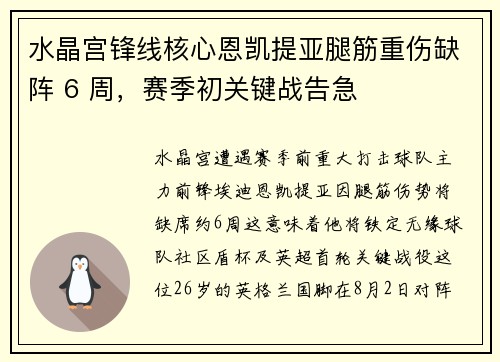 水晶宫锋线核心恩凯提亚腿筋重伤缺阵 6 周，赛季初关键战告急